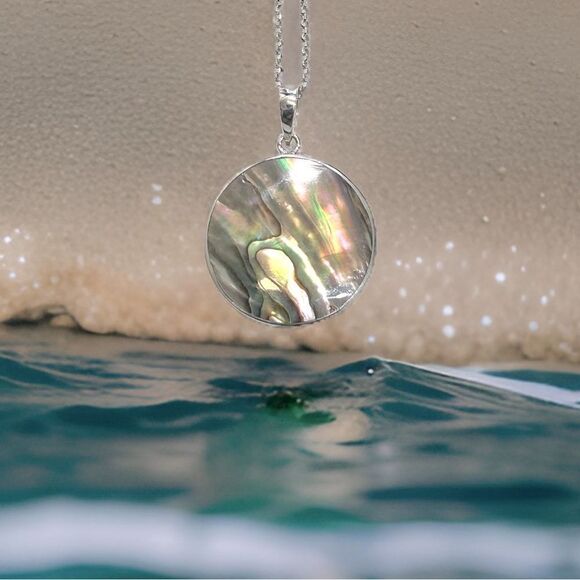 Beaux Bijoux Natural Abalone/Created Turquoise Anchor SS Pendant Necklace NIB - Picture 4 of 5